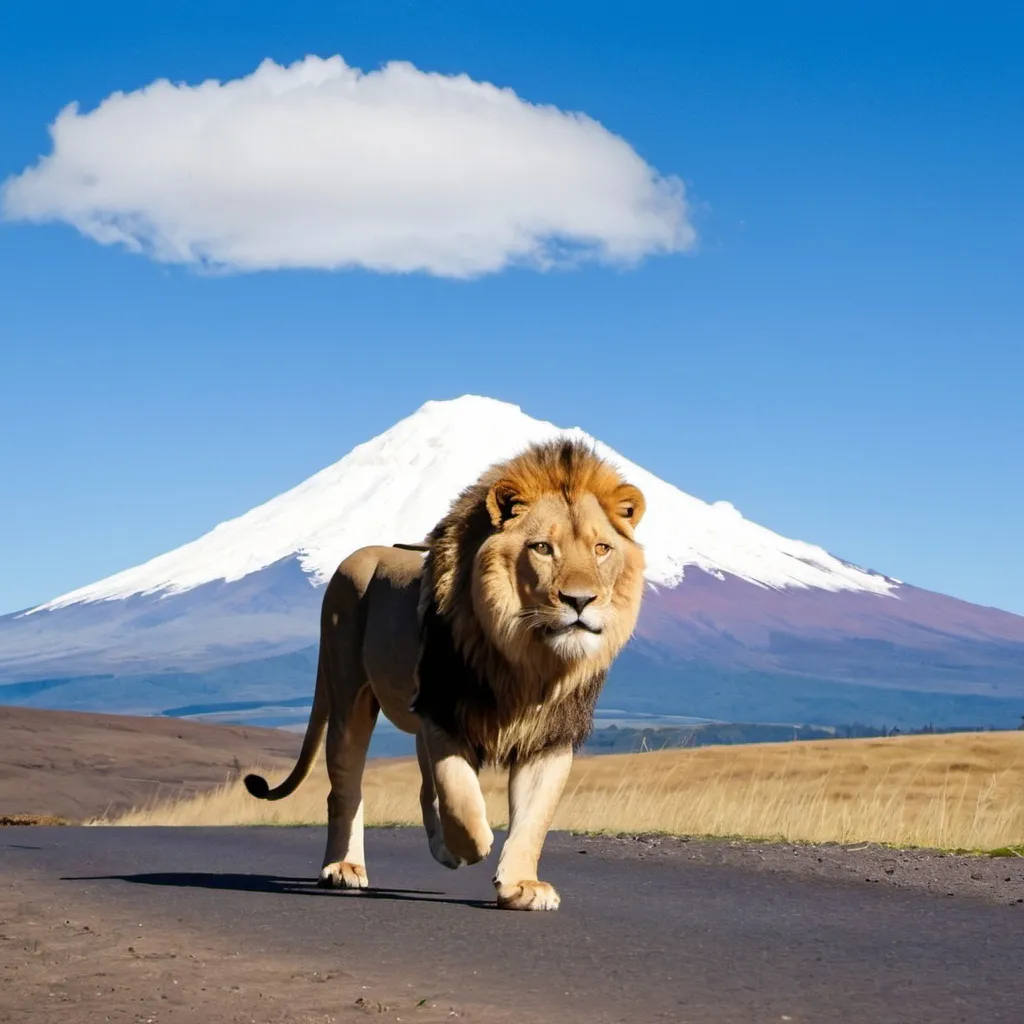 Prompt: cotopaxi blue sky lion running cars
