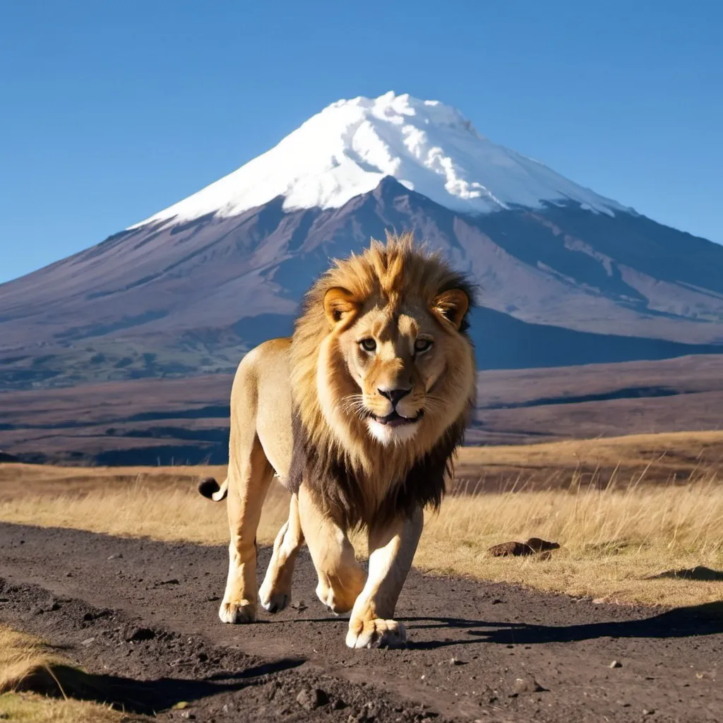 Prompt: cotopaxi blue sky lion running 