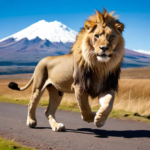 Prompt: cotopaxi blue sky lion running 