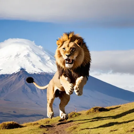 Prompt: Cotopaxi lion jumping
