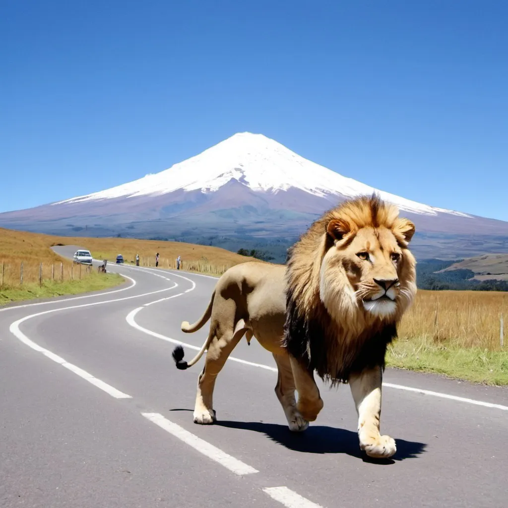 Prompt: cotopaxi blue sky lion running cars
