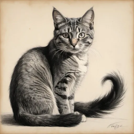 Prompt: A charcoal drawing of a cat. The cat is sitting gracefully with its tail curled around its paws. The drawing captures the texture of the fur with fine, delicate strokes. The eyes are large and expressive, with a slightly tilted head giving the cat a curious and gentle look. The background is lightly shaded to highlight the cat's figure.