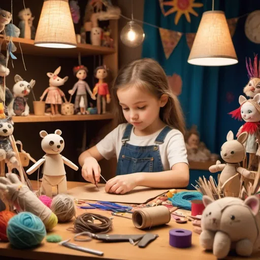 Prompt: child creating puppet, surrounded by craft materials, various puppet designs in background, high quality, detailed, realistic, colorful, whimsical, warm lighting