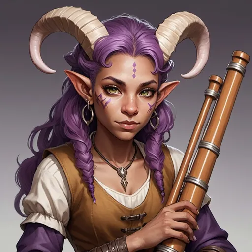 Prompt: Create an image of a Tiefling Bard DND character. This character is a female teifling with olive tone skin, mid-length purple hair, and sillver eyes. She is 5'8 and weighs approximately 140 pounds. She carried a panflute and is wearing light armor.