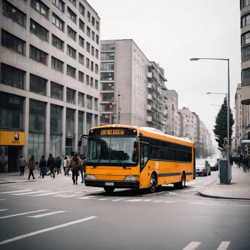 Prompt: photo of a bus from the outside at an urban background
with people on the street and no text