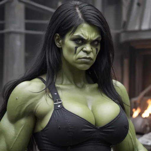 Prompt: a hulk powered by irritation that is a goth girl with a large chest