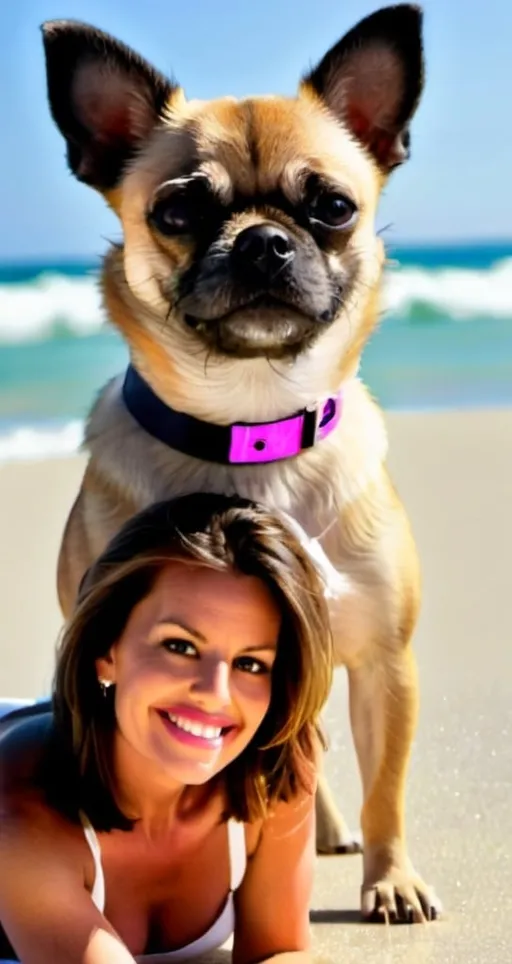 Prompt: Create a wedding picture on a beach with a chihuahua pug mix