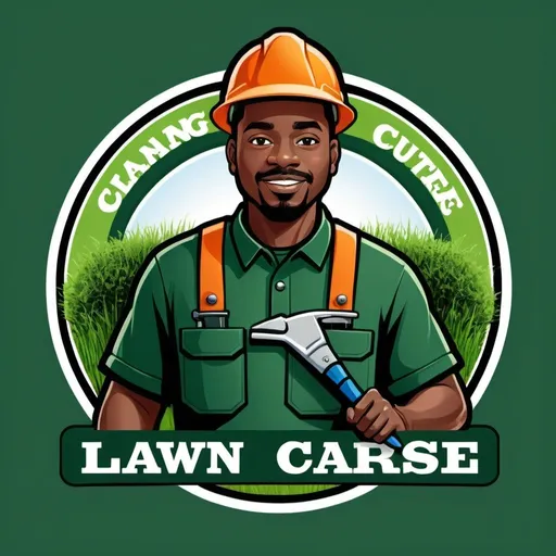 Prompt: Lawn care business Logo with a black man holding a brush cutter with both hands, wearing a work uniform with a protective helmet with the visor raised. 