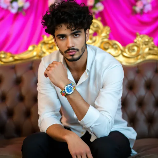 Prompt: A young man with curly hair sits confidently on an ornate, gold-accented sofa, dressed in a crisp white shirt and dark trousers that provide a striking contrast to his outfit. His expression is serious yet contemplative, with his body slightly turned toward the viewer, emphasizing his posture as he grasps his wrist adorned with a watch and a colorful bracelet. The backdrop features a vibrant pink curtain adorned with decorative flowers, creating a lively and celebratory ambiance, suggesting this scene is set at a festive gathering or celebration. Soft lighting enhances the warmth of the setting, highlighting both the intricate details of the sofa and the subject's features. The composition draws the eye to him as the focal point, while the elegant decor hints at a joyful occasion.