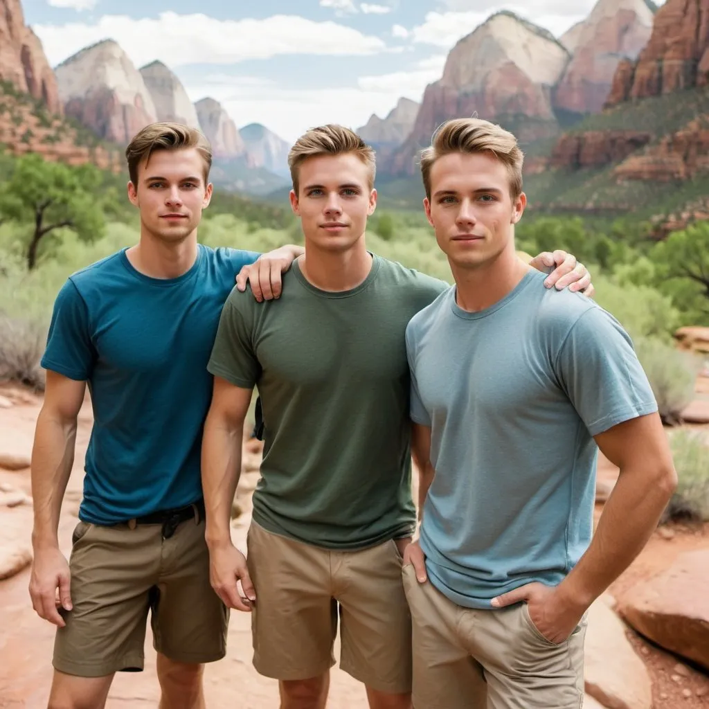 Prompt: create a photo-like image of three handsome male friends in their mid-20s with different hair and eye colors were hiking in Zion National Park, Utah. One has brown hair and blue eyes, one has blonde hair and green eyes, and one has dark brown hair and light brown eyes. The weather is hot and their shirts are open, wearing hiking shorts.