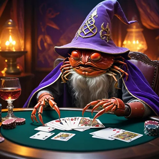 Prompt: crab disguised in wizzard playing poker
