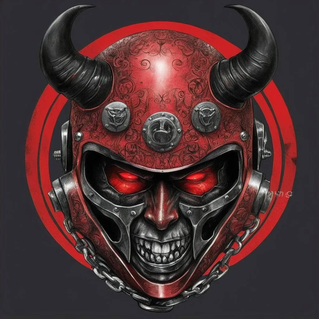 Prompt: Detailed devil logo wearing a sleek motorcycle helmet, metallic finish with devil horn details, fierce expression, motorcycle chain sprocket frame, high quality, intense and dark, metallic sheen, fiery red and black tones, aggressive lighting, RETAL inscription, devil, motorcycle helmet, detailed, fierce expression, metallic finish, chain sprocket frame, high quality, intense, dark tones, fiery red, black, aggressive lighting