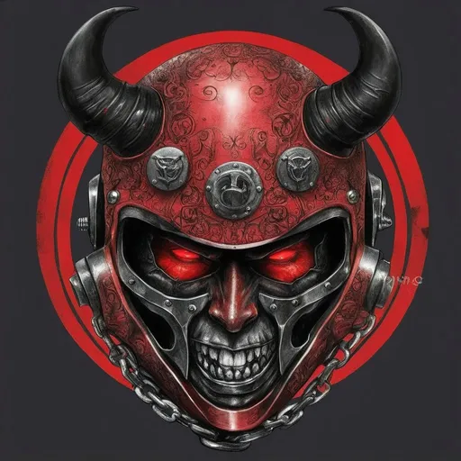 Prompt: Detailed devil logo wearing a sleek motorcycle helmet, metallic finish with devil horn details, fierce expression, motorcycle chain sprocket frame, high quality, intense and dark, metallic sheen, fiery red and black tones, aggressive lighting, RETAL inscription, devil, motorcycle helmet, detailed, fierce expression, metallic finish, chain sprocket frame, high quality, intense, dark tones, fiery red, black, aggressive lighting