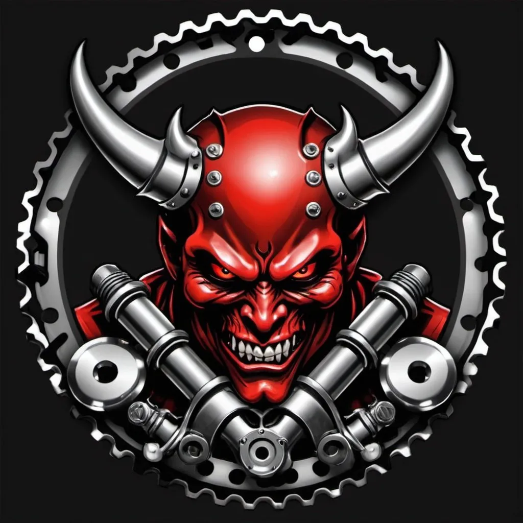 Prompt: Please create logo of devil with motorcycle helmet for motorcycle club with street bike not a harley. Make the picture inside of chain sprocket. Do not use any writing