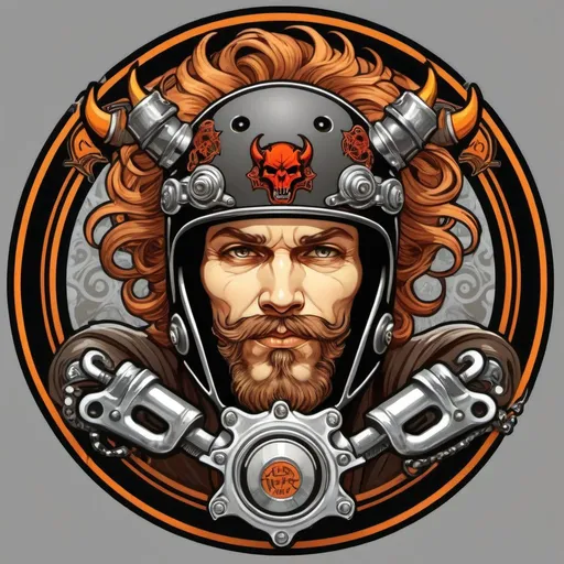 Prompt: Please create logo of devil with motorcycle helmet (give additional detail to helmet) for motorcycle club with street bike not a harley. Make the picture inside of chain sprocket. Do not write anything