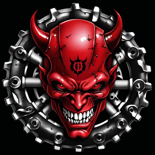 Prompt: Please create logo of devil with motorcycle helmet for motorcycle club with street bike not a harley. Make the picture inside of chain sprocket. Do not use any writing