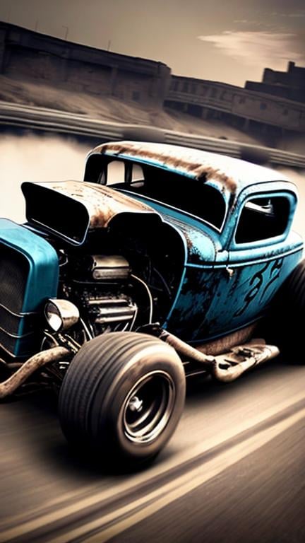 Prompt: Racing hot rod Ford '29 with rat rod design, gritty and weathered metal, intense speed and motion, vintage racing atmosphere, roaring engine exhaust, dusty and worn, dynamic and action-packed, high-octane adrenaline, gritty texture, vintage racing colors, high speed, vintage, rat rod design, intense atmosphere, dynamic motion, adrenaline-fueled, action-packed, vintage racing vibe, weathered metal, racing hot rod, vintage racing colors, vintage atmosphere, roaring engine, dusty texture, highres, ultra-detailed, vintage racing