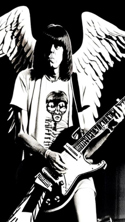 Prompt: Johnny Ramone as an angel playing guitar
