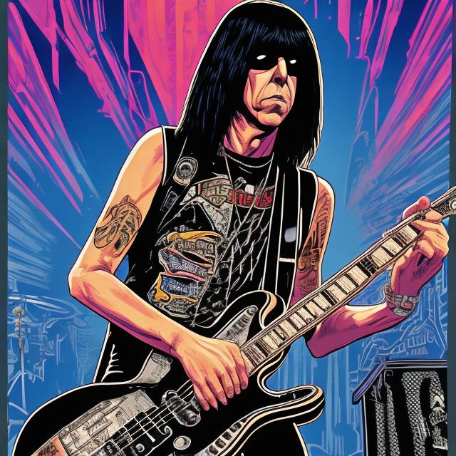 Prompt: Johnny Ramone of the Ramones playing guitar at CB GB in New York City, blacklight poster

