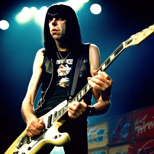 Prompt: Johnny Ramone of the Ramones playing guitar at CB GB in New York City
