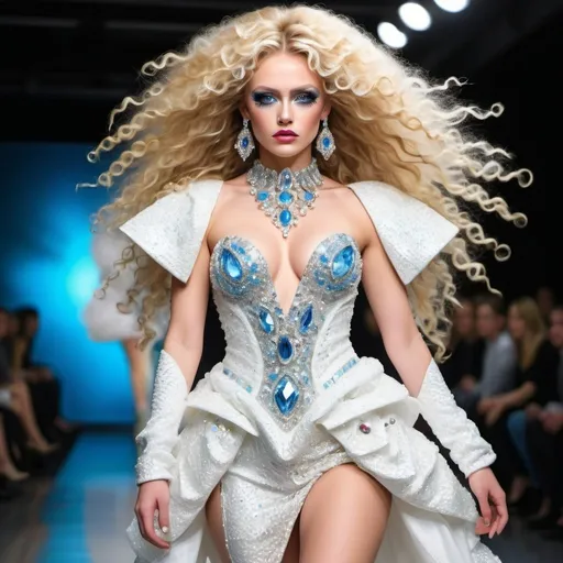 Prompt: Hyper-realistic full body view fashion photograph on catwalk, one powerful rich woman wearing a white diamond avantgarde dress with many layers, wearing very colorful exaggerated fashion runway makeup, very messy long curly blonde hair with golden highlights, striking glassy blue eyes, she is covered in white sparkling diamond encrusted embellishments, wearing white diamond high heels, the background features a lot of bling, elegant, hdr