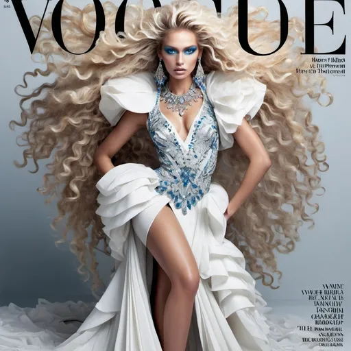 Prompt: A fashion magazine cover with the headline "VOGUE" over a fashion photography, hyper-realistic, image featuring an exotic elegant woman wearing a white layered diamond avant-garde gown covered in layers of white diamonds, wearing very long messy curly blond hair with silver highlights, she has detailed blue eyes with colorful exaggerated fashion runway makeup and standing on the ground in front of a VOGUE Magazine Cover