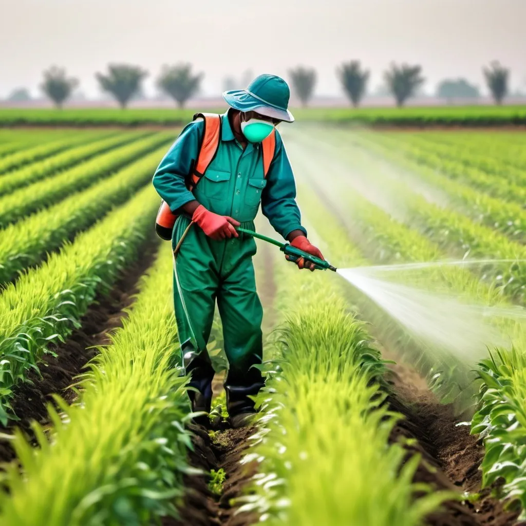 Prompt: A farmer who spraying the pesticides in crop field 