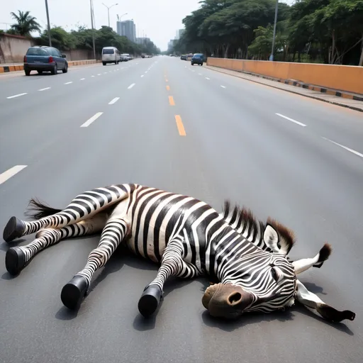 Prompt: dead zebra on the road on pedestrian