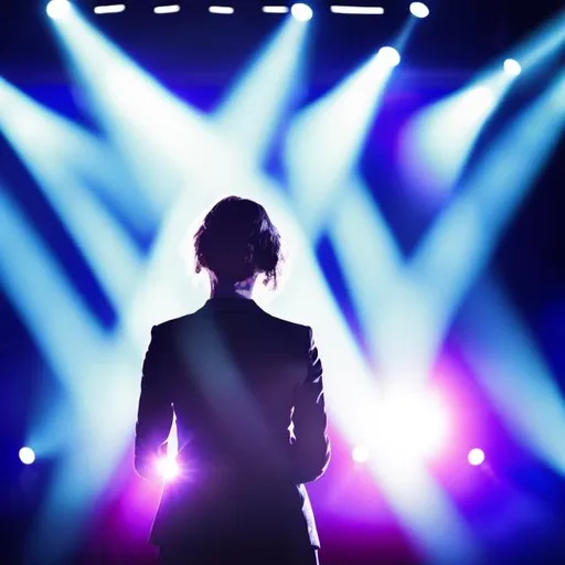 Prompt: the back of a woman on stage at a podium in a spotlight
