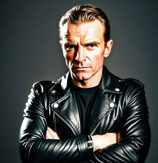 Prompt: a man in a leather jacket posing for a picture with his arms crossed and his arms crossed, with his arms crossed, andrei riabovitchev, dau-al-set, professional photo, a character portrait