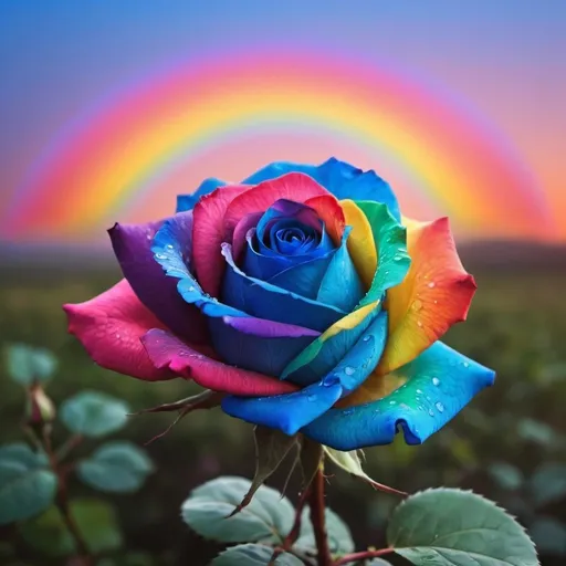 Prompt: Blue Rose rainbow over Rose sunsetting colors background