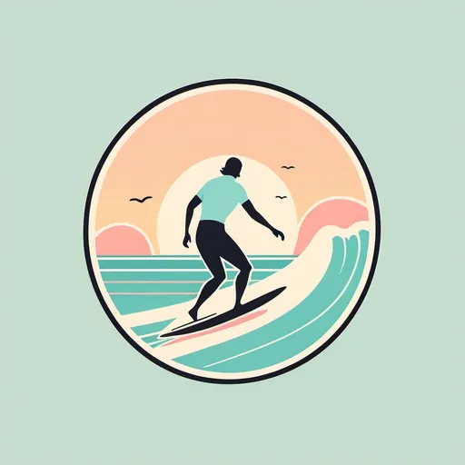 Prompt: a minimalist logo design, pastel colors and a retro aesthetic, a surfer surfing