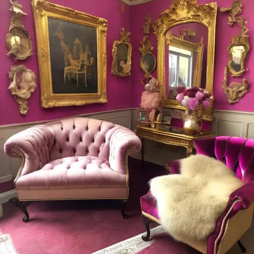 Prompt: Magenta coloured chesterfield armchair with 3 golden  paintings and mirror on the wall and 3 beige poodle is sitting in the armchair. 