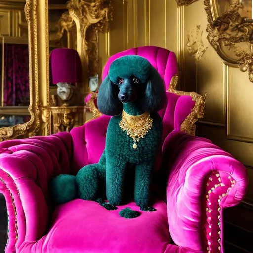 Prompt: 1 poodle sits in a magenta and gold chesterfield armchair and golden pictures and mirror are on the dark green wall