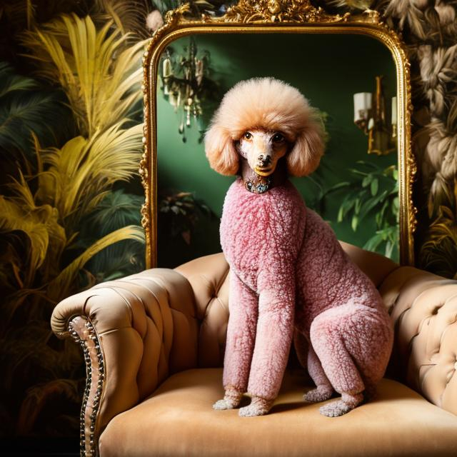 Prompt: 1 mid-sized, beige poodle sits in a magenta and gold chesterfield armchair and golden pictures about rain forest and empty mirror are on the dark green wall