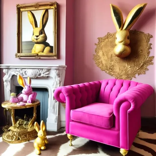 Prompt: Magenta coloured chesterfield armchair with golden pillows bunny on it and a magenta bunny sits on it