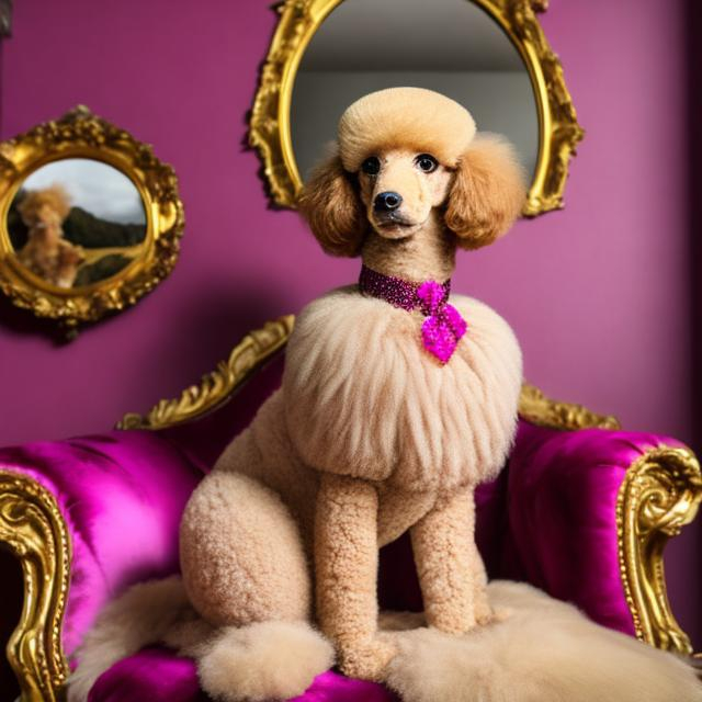 Prompt: 1 mid-sized, beige poodle sits in a magenta and gold chesterfield armchair and golden pictures and mirror are on the dark green wall