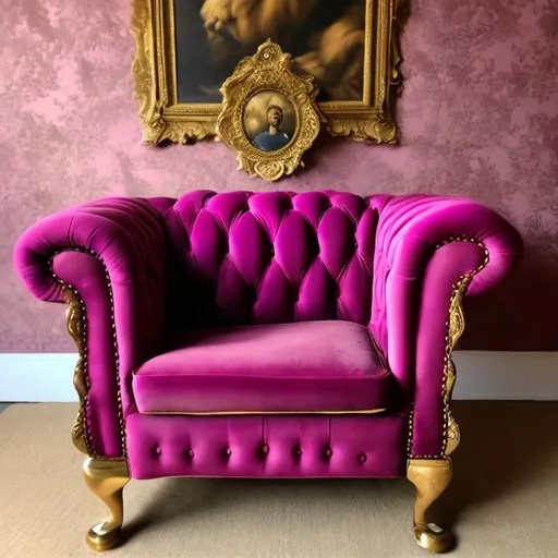 Prompt: Magenta coloured chesterfield armchair with 3 golden  are sitting on it and a beige colour poodle sits
