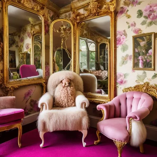 Prompt: 1 mid-sized, beige poodle sits in a magenta and gold chesterfield armchair, and golden pictures about rain forest are on the rose wall and an empty mirror is behind the armchair 