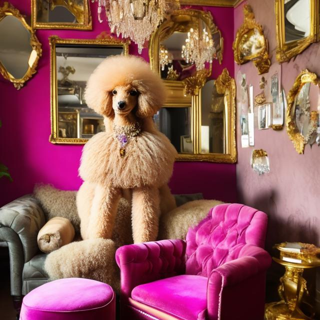 Prompt: 1 mid-sized, beige poodle sits in the magenta and golden chesterfield armchair. 3 Golden pictures about rain forest are on the rose wall. 3 empty mirrors are on the wall. 