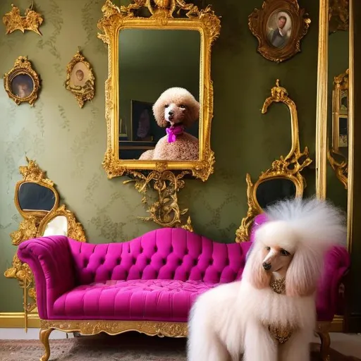 Prompt: 1 mid-sized, beige poodle sits in a magenta and gold chesterfield armchair and golden pictures and mirror are on the dark green wall