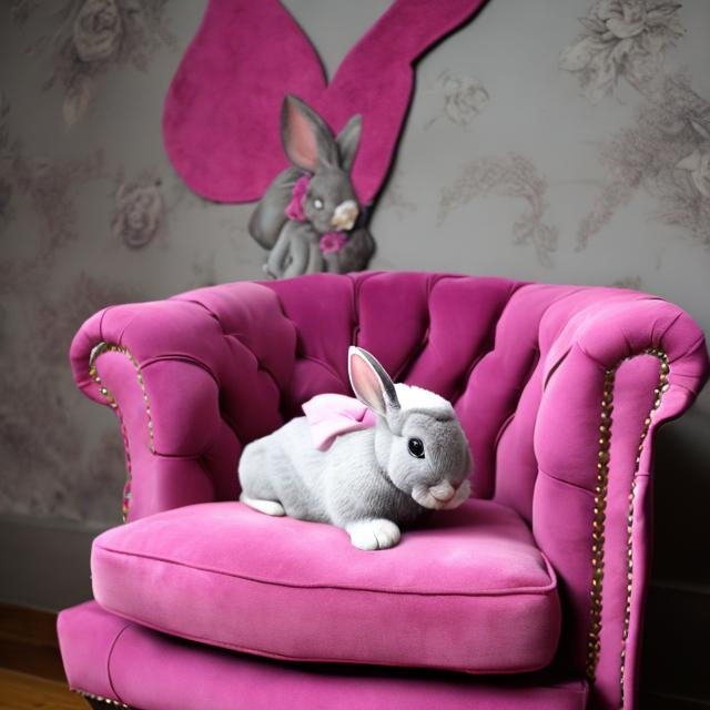 Prompt: Create a rose colour chesterfield armchair and a magenta coloured bunny sits on it