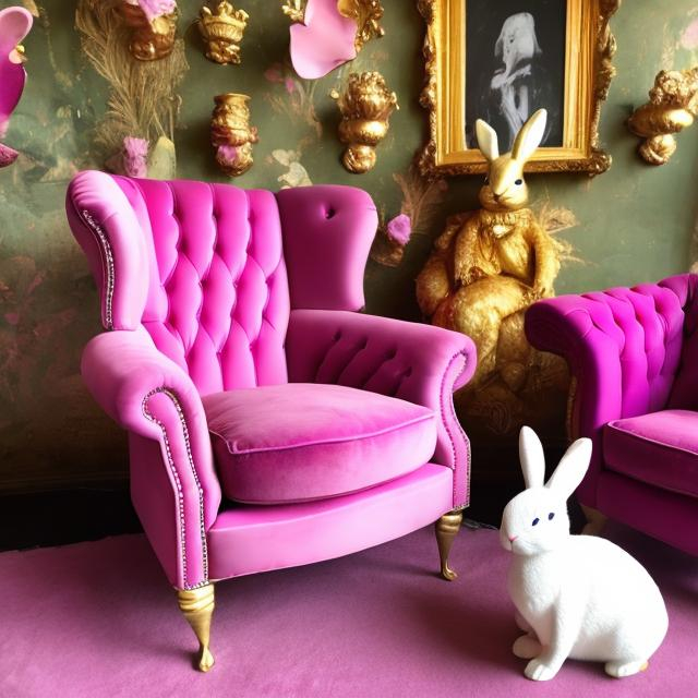 Prompt: Magenta coloured chesterfield armchair with golden pillows bunny on it and a magenta bunny sits on it