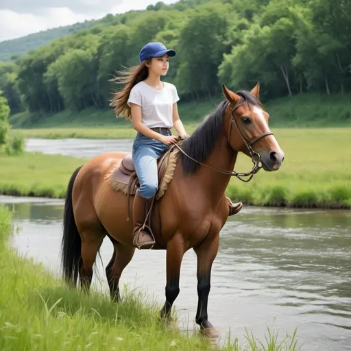 Prompt: imagine a girl riding on horse and wearing a cap in a large grassy ground with a river