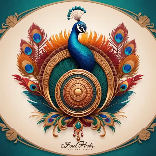 Prompt: Architect design company logo, should have some reference related to God Krishna, can add feathers of peacock, flute should have some house as background, should have some Indian culture feels