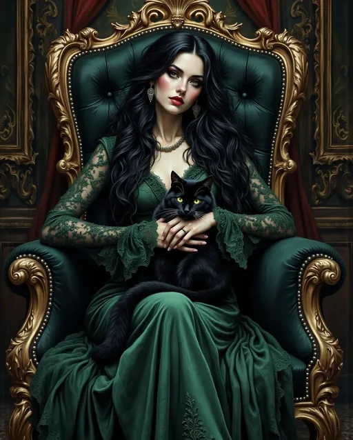 Prompt: <Vidama-Gothi> painting of a beautiful witchy woman wearing deep green and gold sitting in an ornate black velvet chair holding a black cat. Gothic. Highly detailed. Moody. Elegant.
