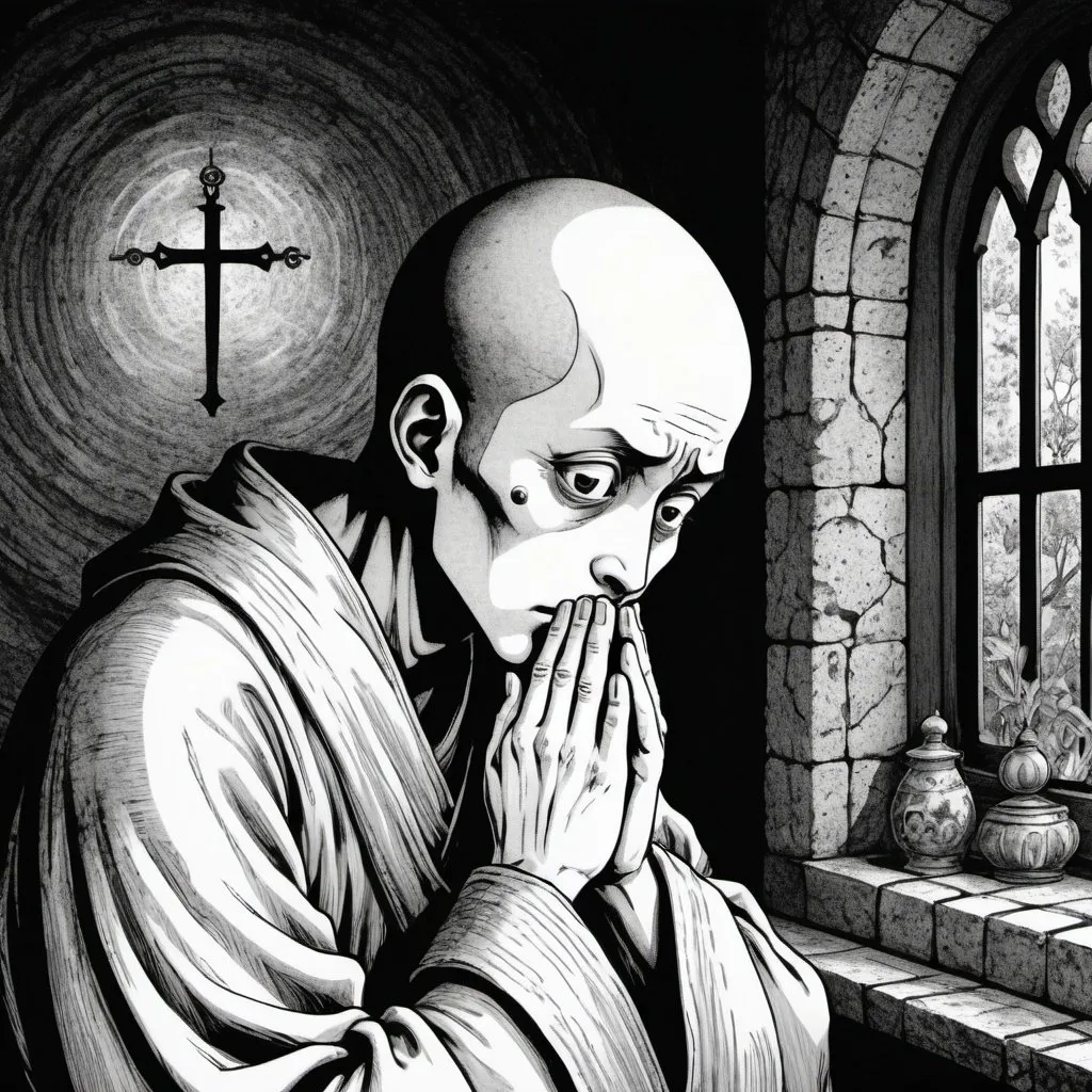 Prompt: Junji Ito manga style, A medieval monk watches himself pray and can hear his own thoughts, manga scene