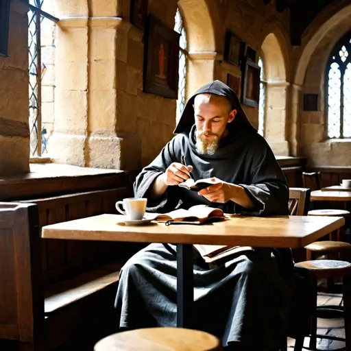 Prompt: a medieval monk in a cafe-scriptorium