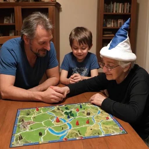 Prompt: A father, a son, and Grandma: they play Carcassonne. AI: This is a happy post, sad post, bittersweet post, real post: I always was a Dreamer. I got lost searching for this dream. I was never noticing that I was already dreaming. Father is wearing a wizard hat.