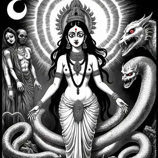 Prompt: Junji Ito manga style, Image of hindu goddess Kali-mata next to Visnu, mixed with the Virgin Mary standing over the snake, an Archangel standing on the devil
